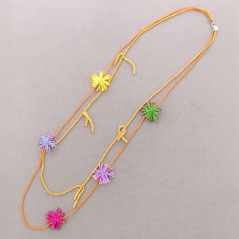 COLLAR LARGO DOBLE CUENTAS POMPONES ABALORIOS