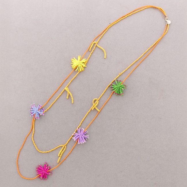 COLLAR LARGO DOBLE CUENTAS POMPONES ABALORIOS