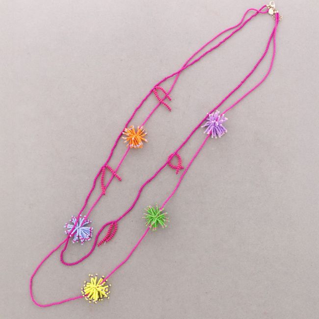COLLAR LARGO DOBLE CUENTAS POMPONES ABALORIOS