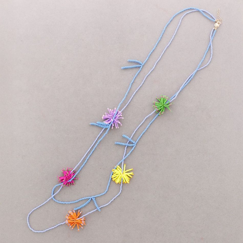 COLLAR LARGO DOBLE CUENTAS POMPONES ABALORIOS