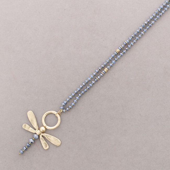 LONG NECKLACE WITH FACETED CRYSTALS AND A METAL DRAGONFLY PENDANT
