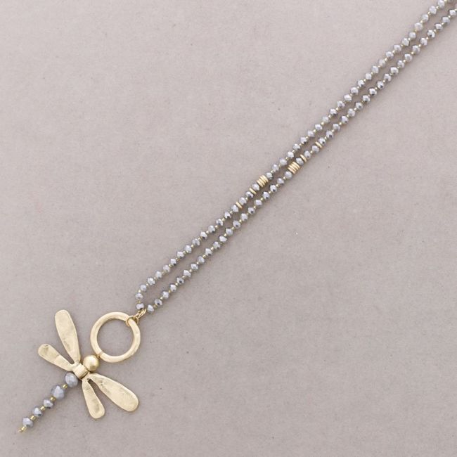 LONG NECKLACE WITH FACETED CRYSTALS AND A METAL DRAGONFLY PENDANT
