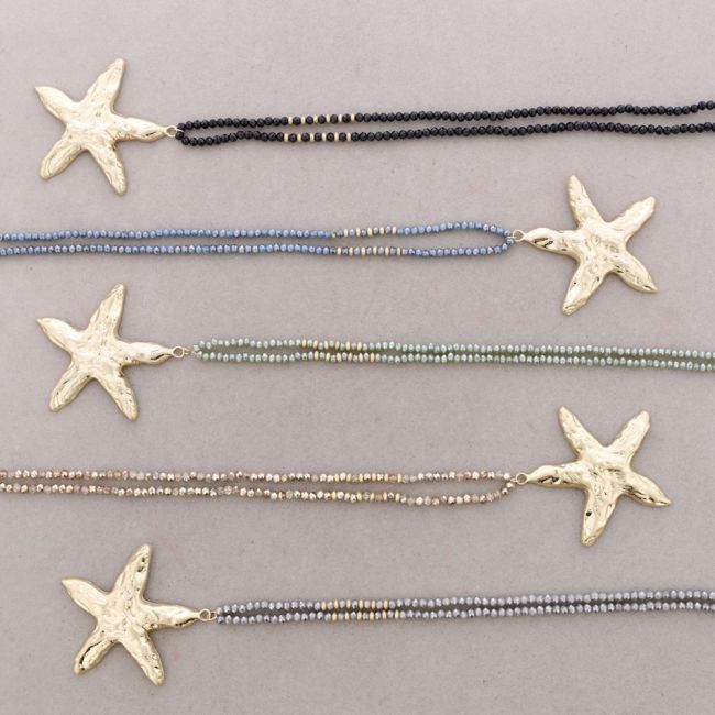 COLLAR LARGO CRISTALES FACETADOS COLGANTE ESTRELLA DEL MAR METAL