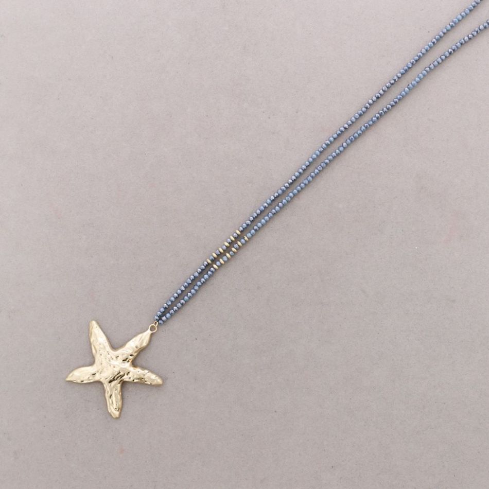COLLAR LARGO CRISTALES FACETADOS COLGANTE ESTRELLA DEL MAR METAL