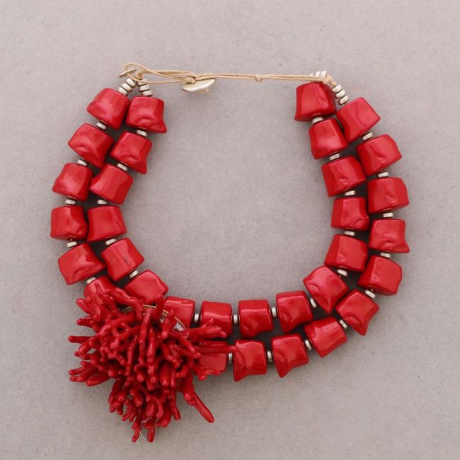 GARGANTILLA DOBLE CUENTAS COLGANTE FLOR CORAL RESINA