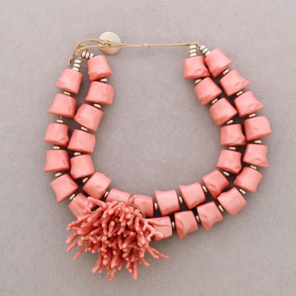 GARGANTILLA DOBLE CUENTAS COLGANTE FLOR CORAL RESINA