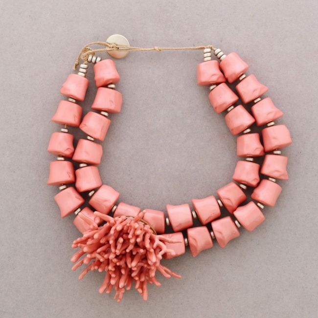 GARGANTILLA DOBLE CUENTAS COLGANTE FLOR CORAL RESINA
