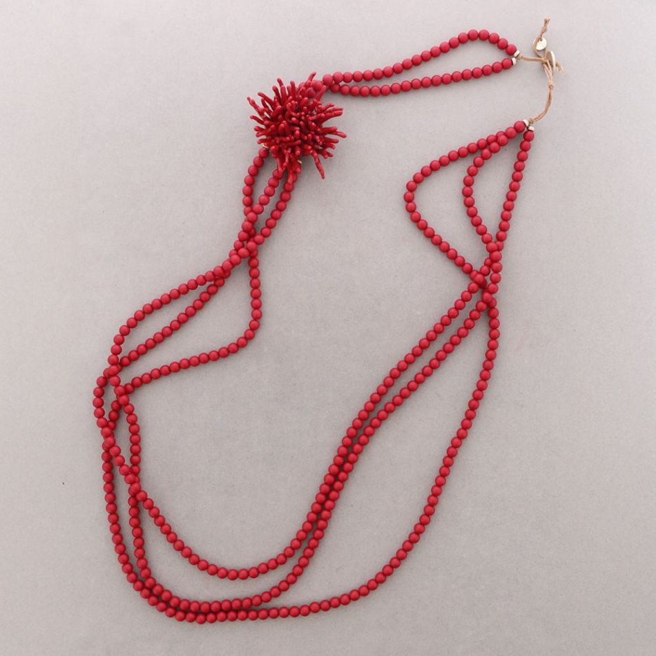COLLAR LARGO TRIPLE CUENTAS FLOR CORAL RESINA