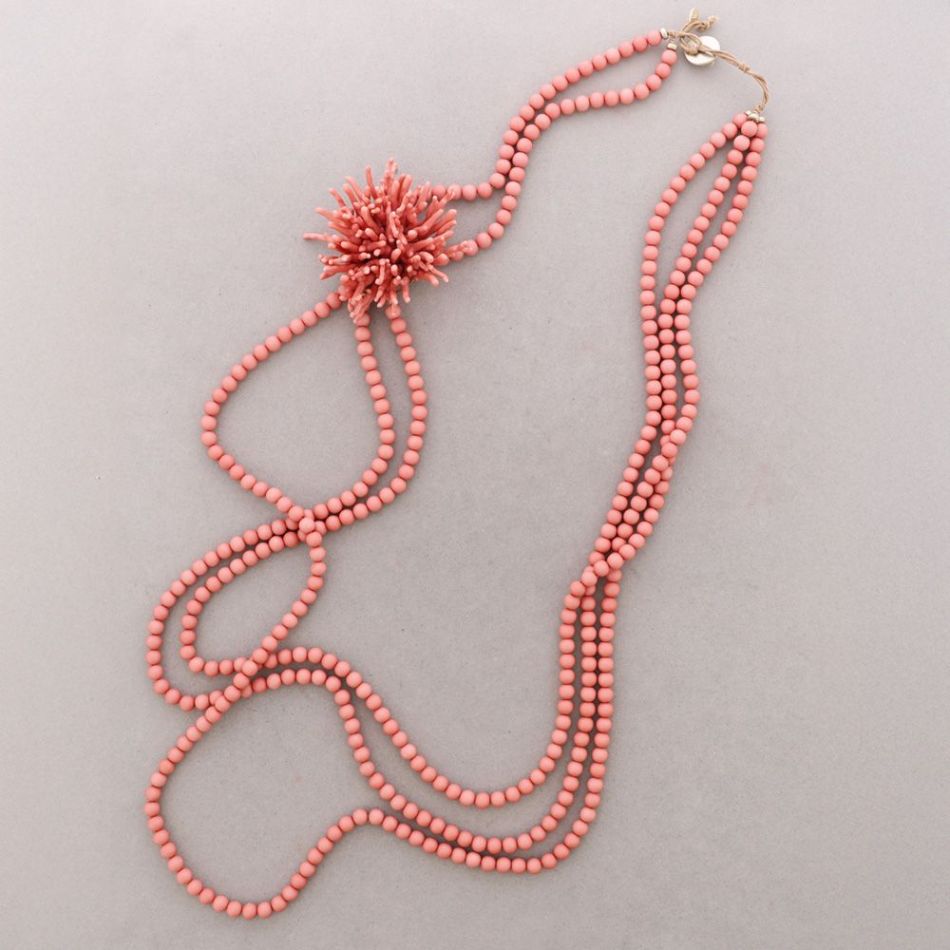 COLLAR LARGO TRIPLE CUENTAS FLOR CORAL RESINA