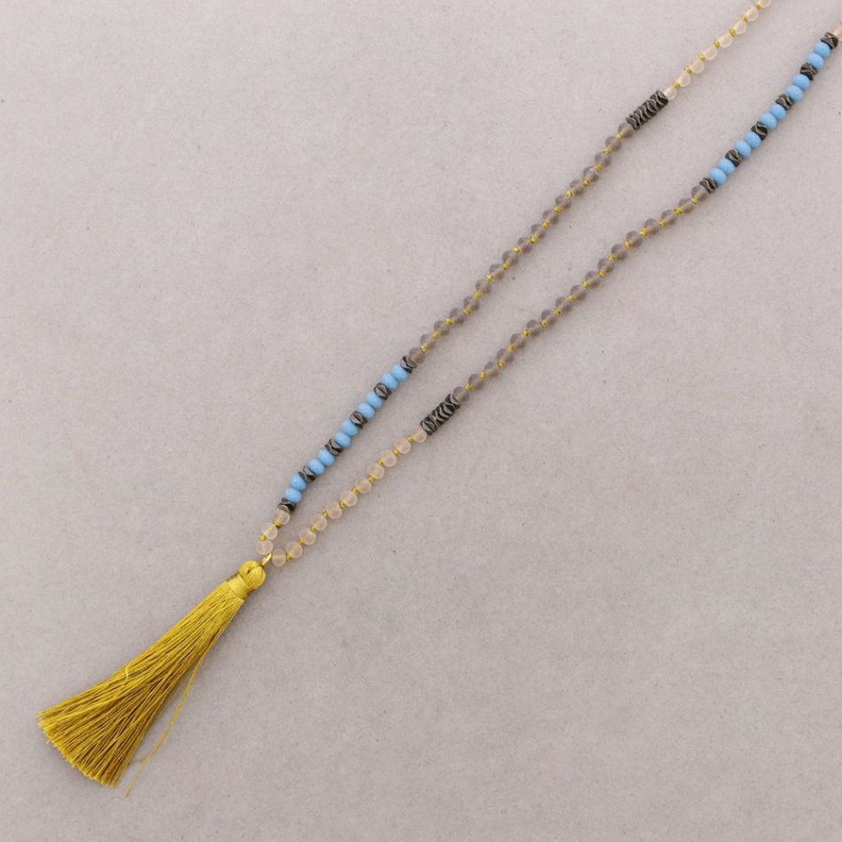LONG NECKLACE WITH FACETED BEADS AND FRINGE PENDANT