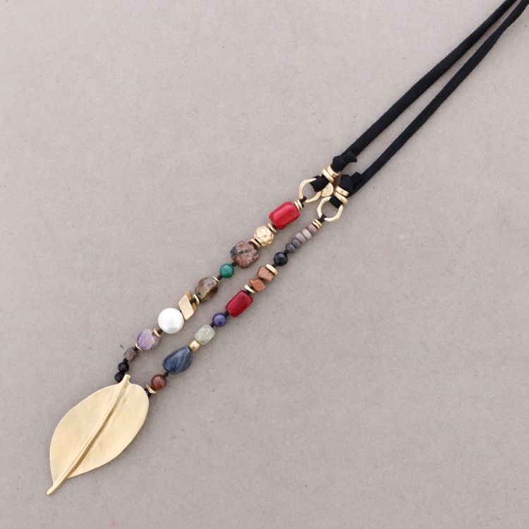 LONG CORD PENDANT NECKLACE FILIGREE LEAF WITH IRREGULAR METAL STONES