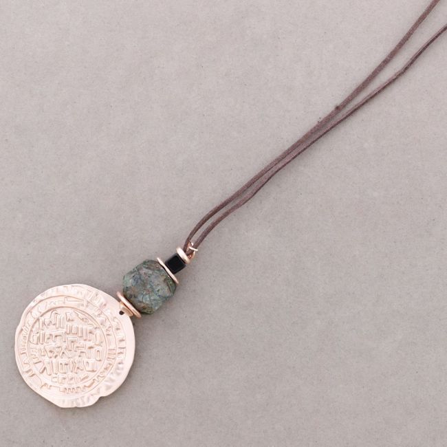 METAL STONE MEDALLION PENDANT LONG NECKLACE