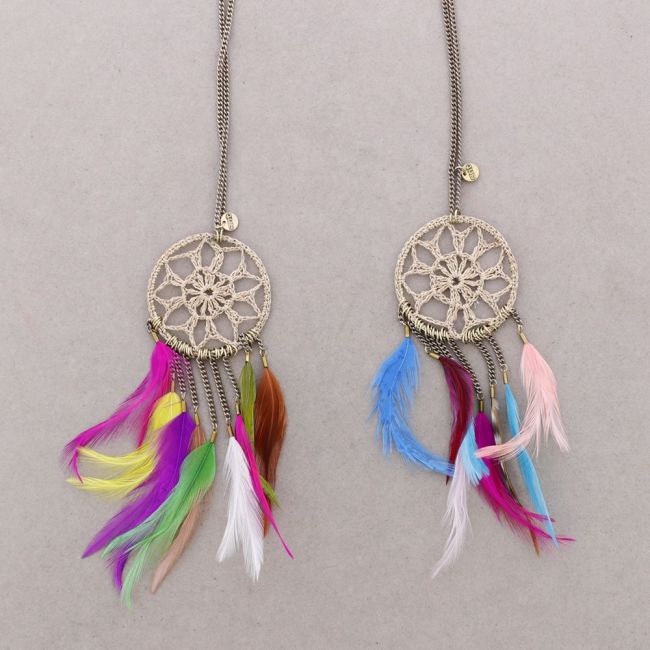 LONG FRINGE PENDANT NECKLACE WITH FEATHERS