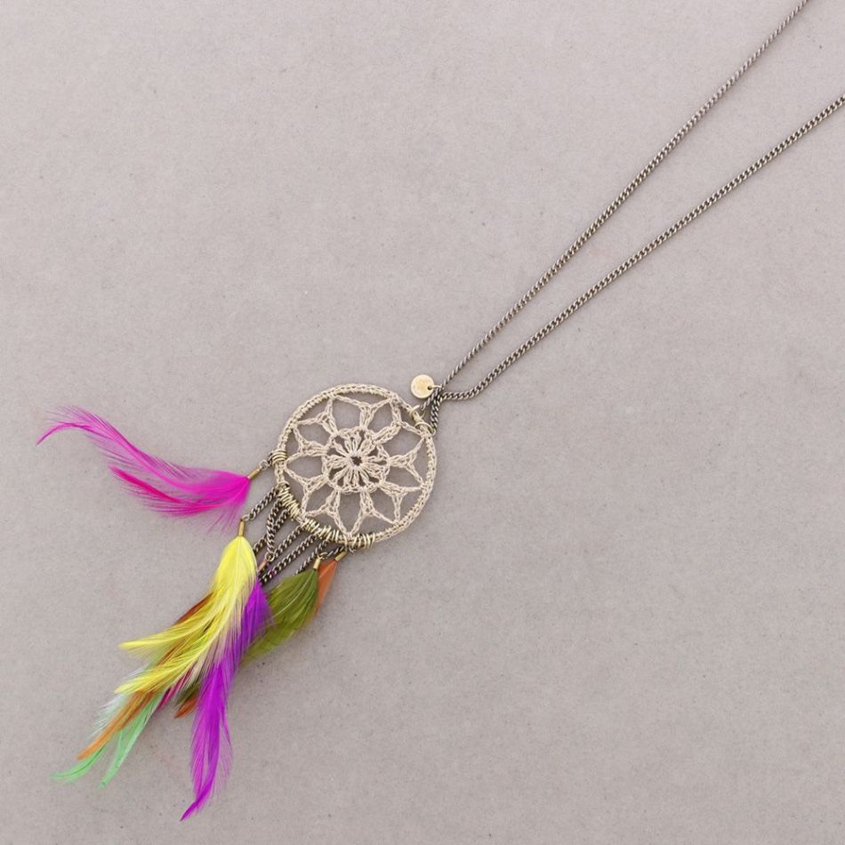 LONG FRINGE PENDANT NECKLACE WITH FEATHERS