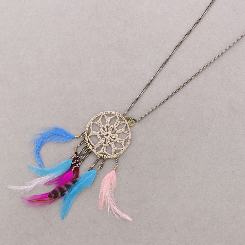 COLLAR LARGO COLGANTE FLECOS PLUMAS