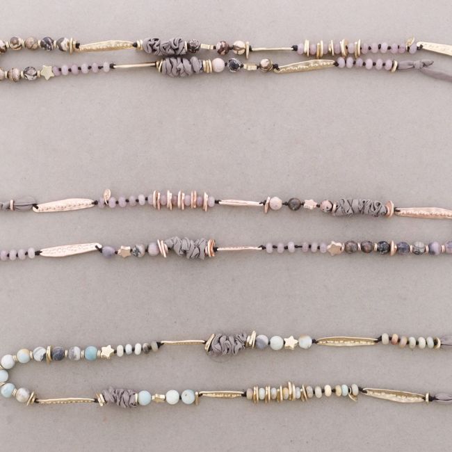 LONG FABRIC METAL STONE CORD NECKLACE