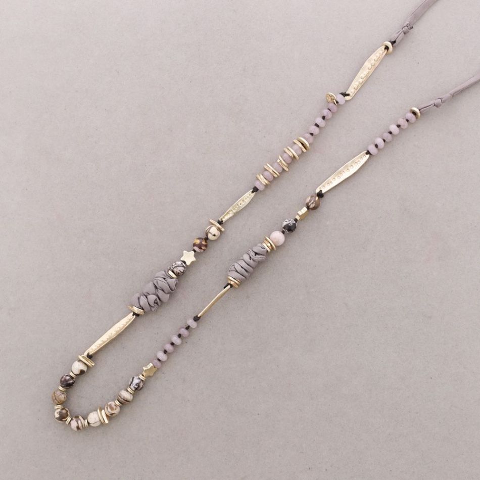 LONG FABRIC METAL STONE CORD NECKLACE