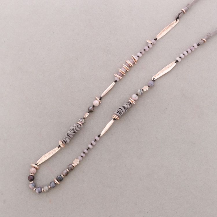 LONG FABRIC METAL STONE CORD NECKLACE