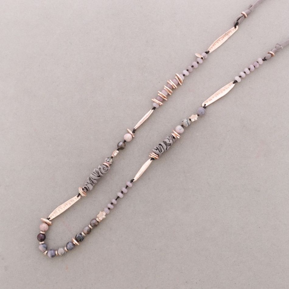 LONG FABRIC METAL STONE CORD NECKLACE
