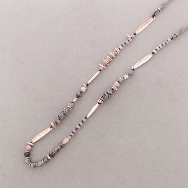 LONG FABRIC METAL STONE CORD NECKLACE