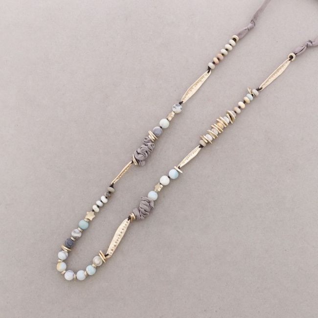 LONG FABRIC METAL STONE CORD NECKLACE
