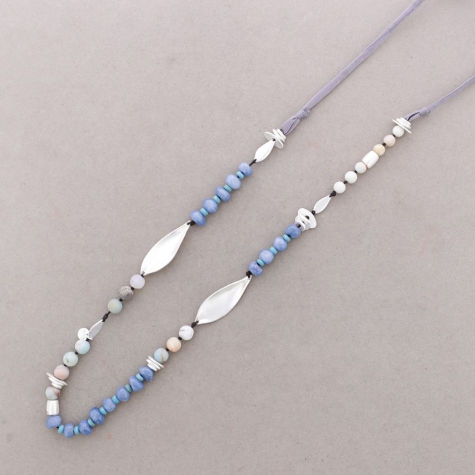 LONG FABRIC METAL STONE CORD NECKLACE