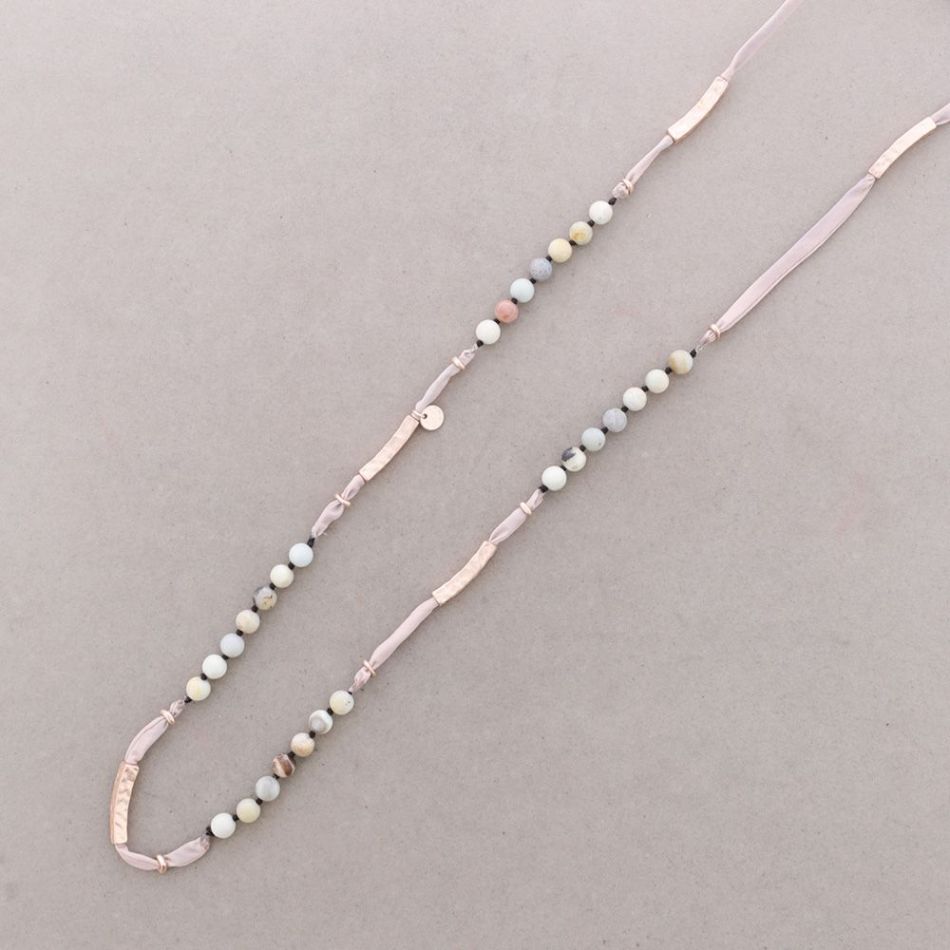 LONG FABRIC METAL STONE CORD NECKLACE