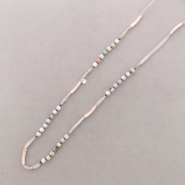 LONG FABRIC METAL STONE CORD NECKLACE