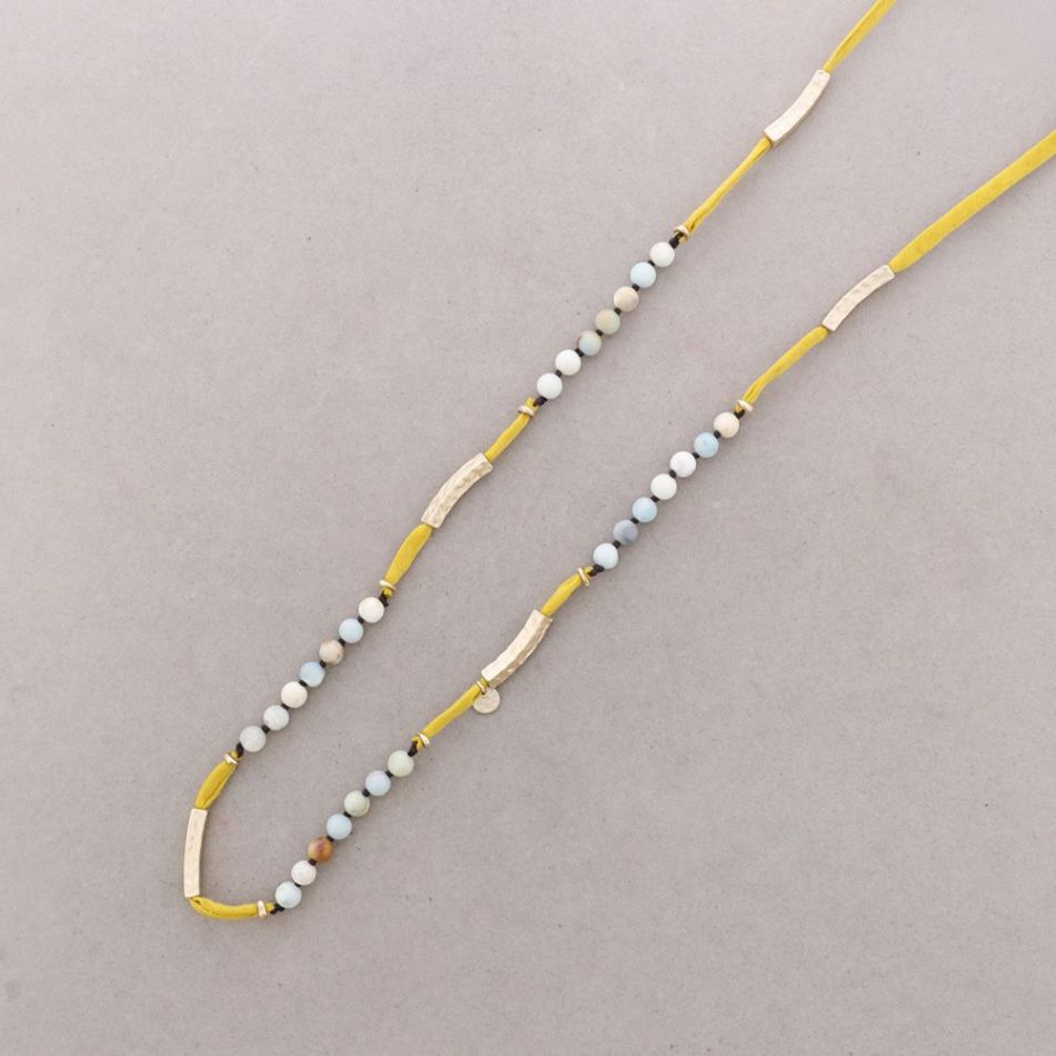 LONG FABRIC METAL STONE CORD NECKLACE
