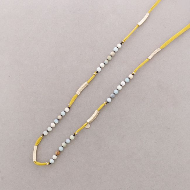 LONG FABRIC METAL STONE CORD NECKLACE