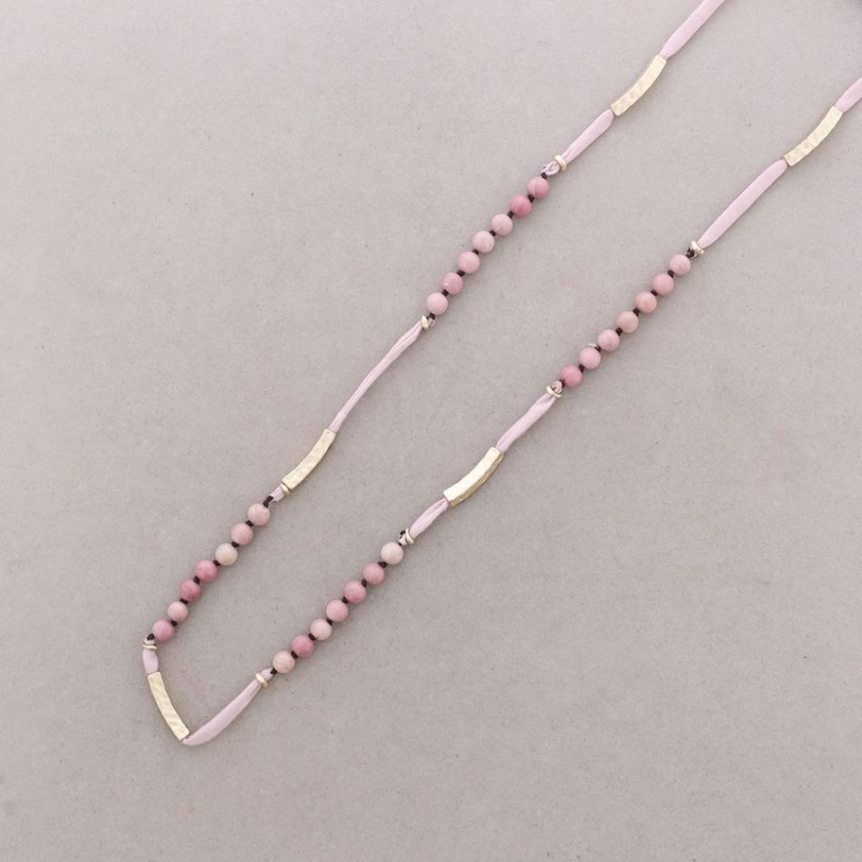 LONG FABRIC METAL STONE CORD NECKLACE