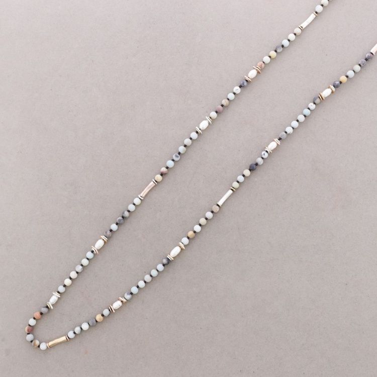 LONG NECKLACE STONES METAL BEADS CULTIVATED PEARLS
