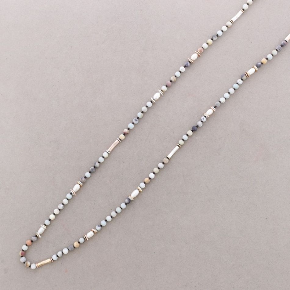 LONG NECKLACE STONES METAL BEADS CULTIVATED PEARLS