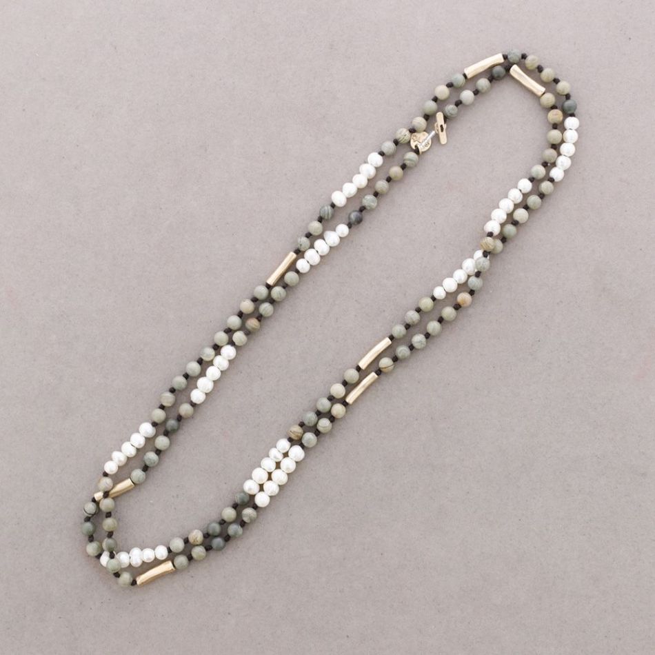 COLLAR LARGO PIEDRAS CUENTAS METAL PERLAS CULTIVADAS