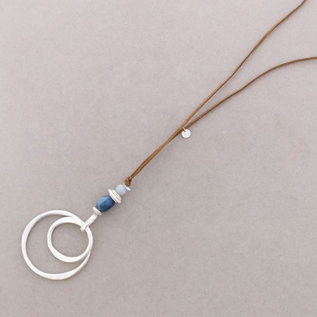 METAL DOUBLE RING STONE PENDANT LONG NECKLACE