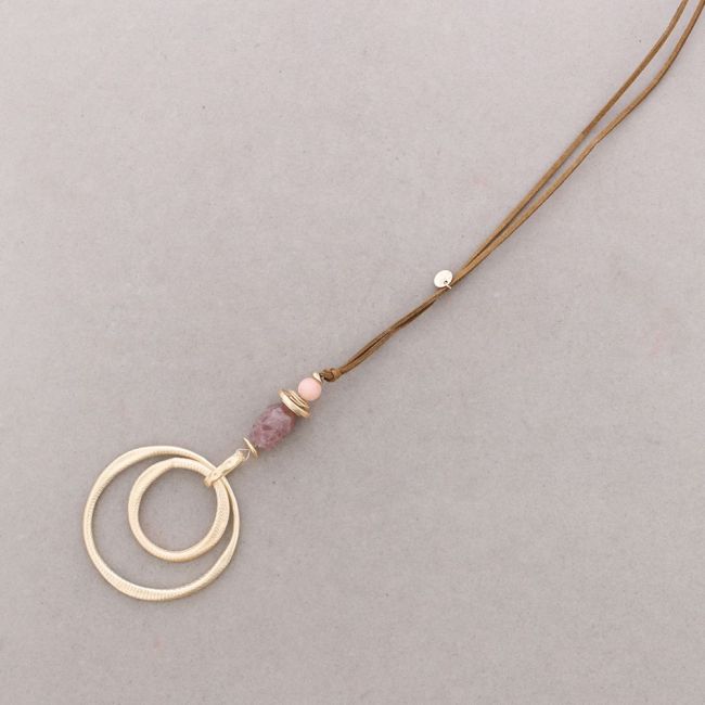 METAL DOUBLE RING STONE PENDANT LONG NECKLACE