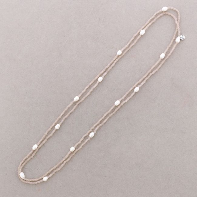 LONG NECKLACE WITH FACETED CRYSTALS AND CULTURED PEARLS