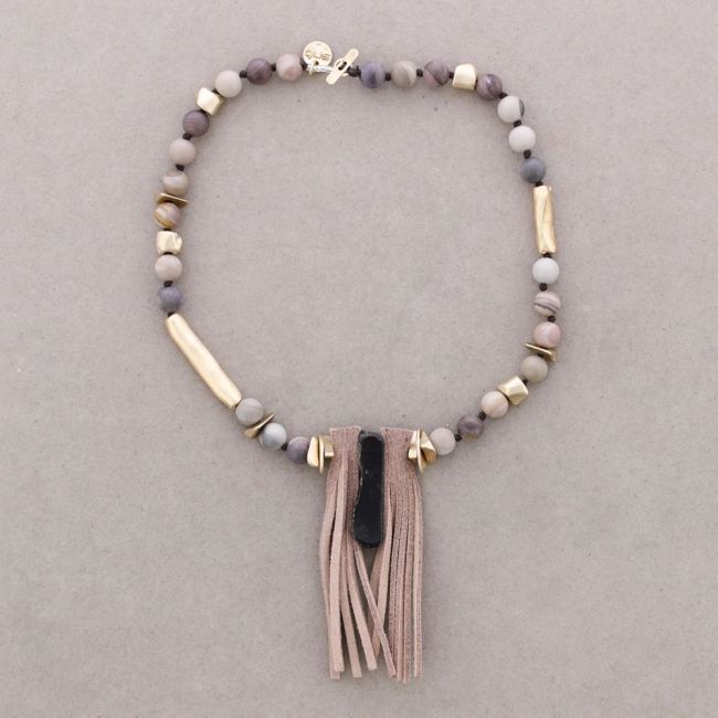 SUEDE FRINGE PENDANT STONE SHORT NECKLACE