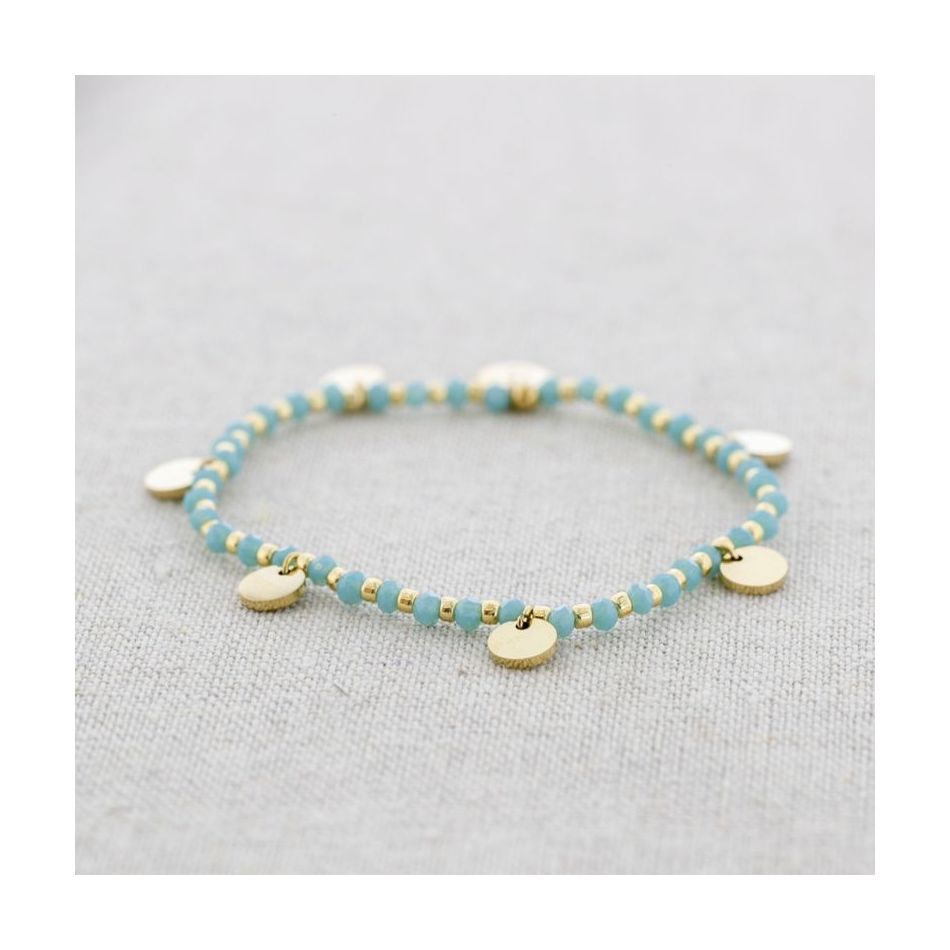 PULSERA ELÁSTICA ACERO CRISTALES MEDALLITAS