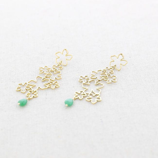 STEEL EARRINGS WITH HOLLOW FLOWERS AND STONE PENDANT
