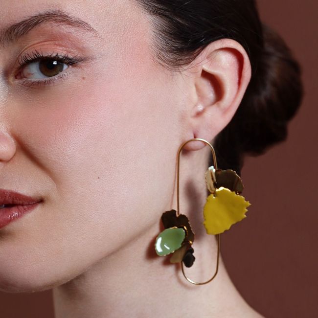 PENDIENTES ACERO ANILLA DOBLE HOJAS ESMALTE