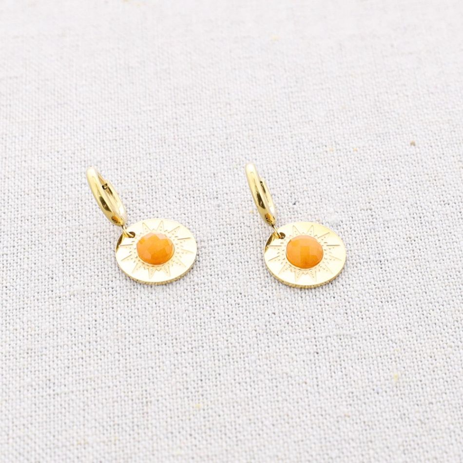 STEEL HOOP EARRINGS PENDANT STONE MEDAL