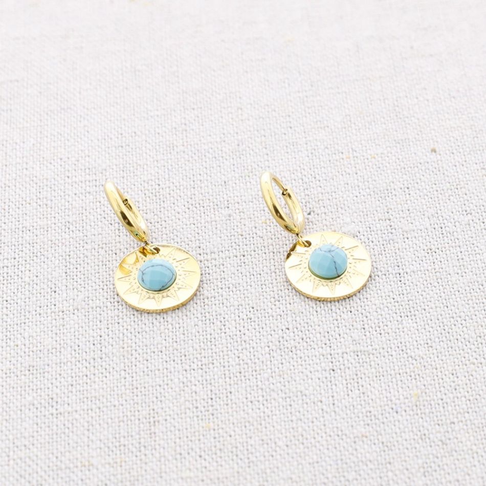 STEEL HOOP EARRINGS PENDANT STONE MEDAL
