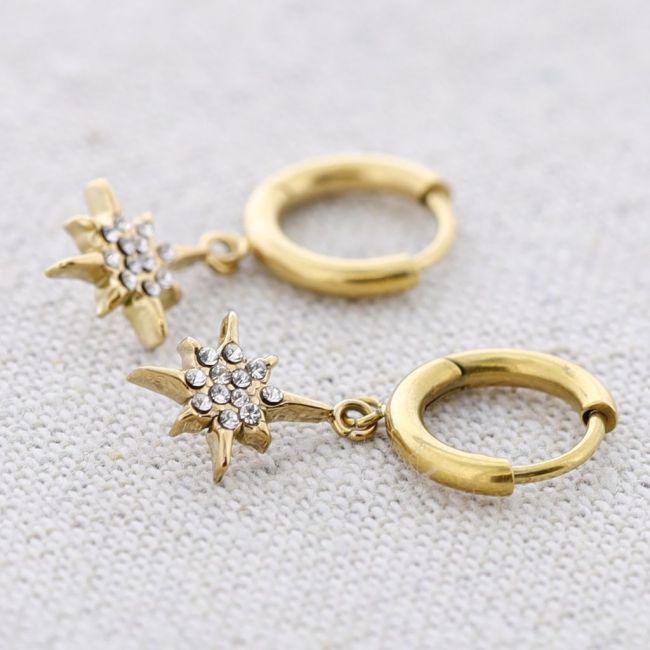 STEEL HOOP EARRINGS WITH POLAR STAR PENDANT AND CRYSTALS