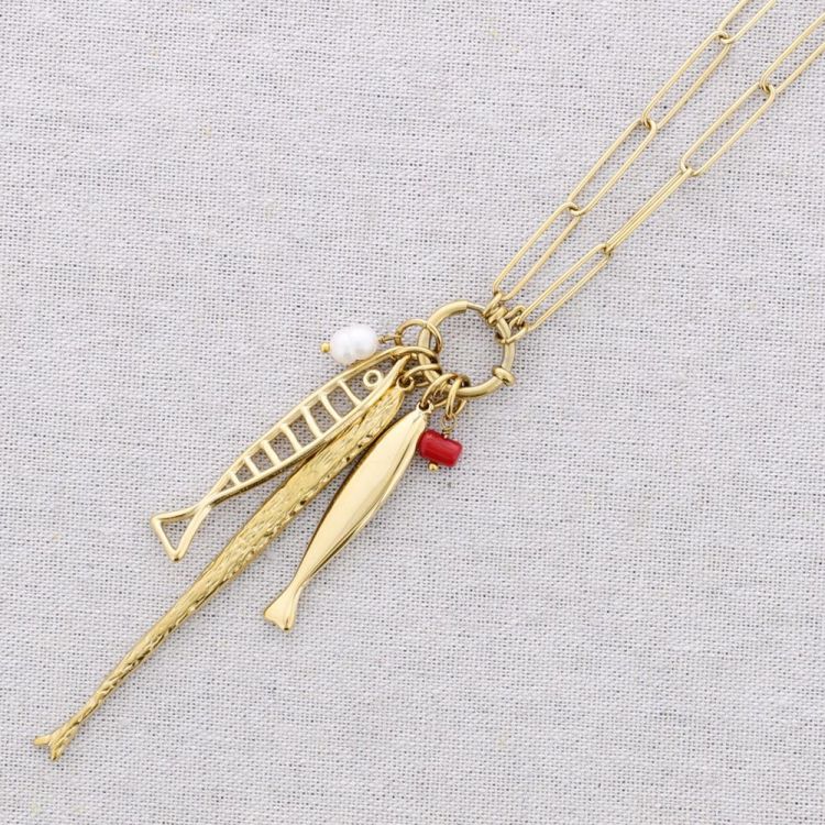 COLLAR LARGO ACERO COLGANTES PEZ PERLA