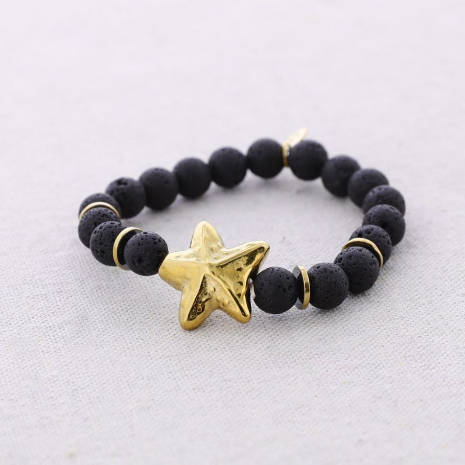 ELASTIC BRACELET STEEL STARFISH IMITATION LAVA BEADS