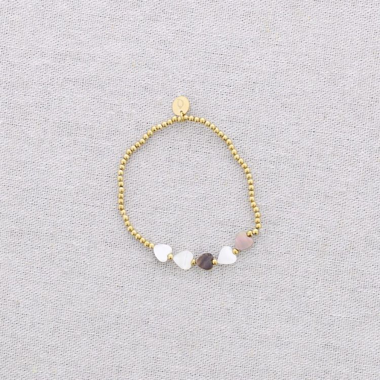 PULSERA ELÁSTICA ACERO CUENTAS CORAZONES NÁCAR