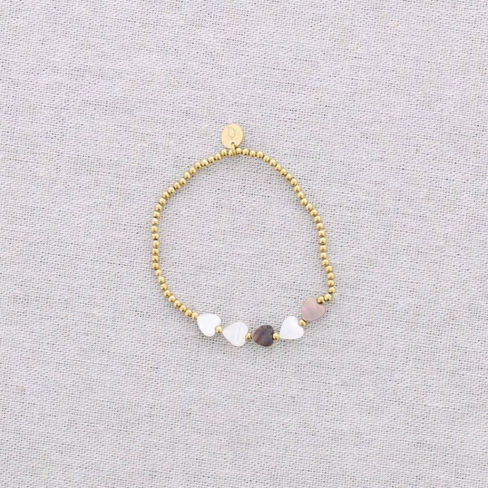 ELASTIC BRACELET STEEL BEADS HEARTS MOTHER OF PEARL