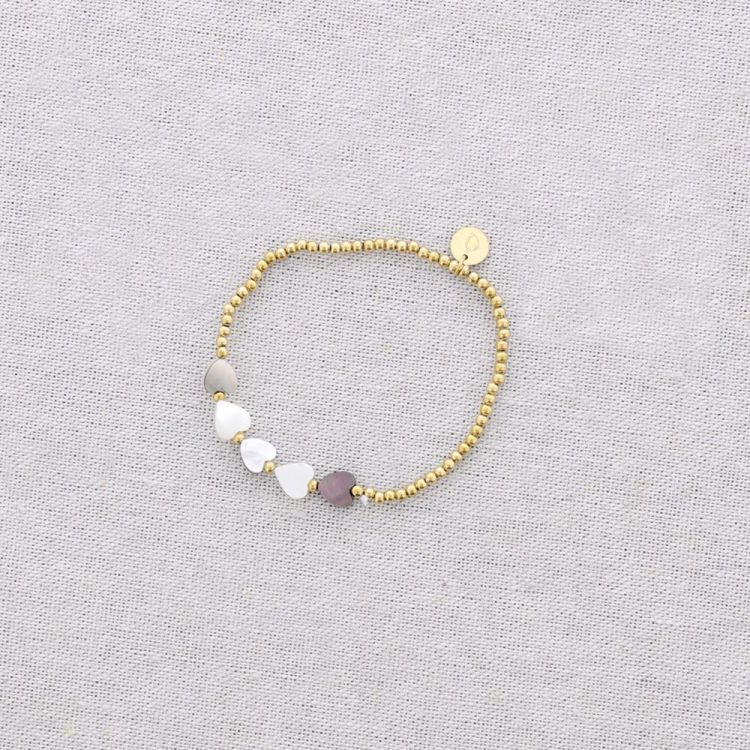 PULSERA ELÁSTICA ACERO CUENTAS CORAZONES NÁCAR 2