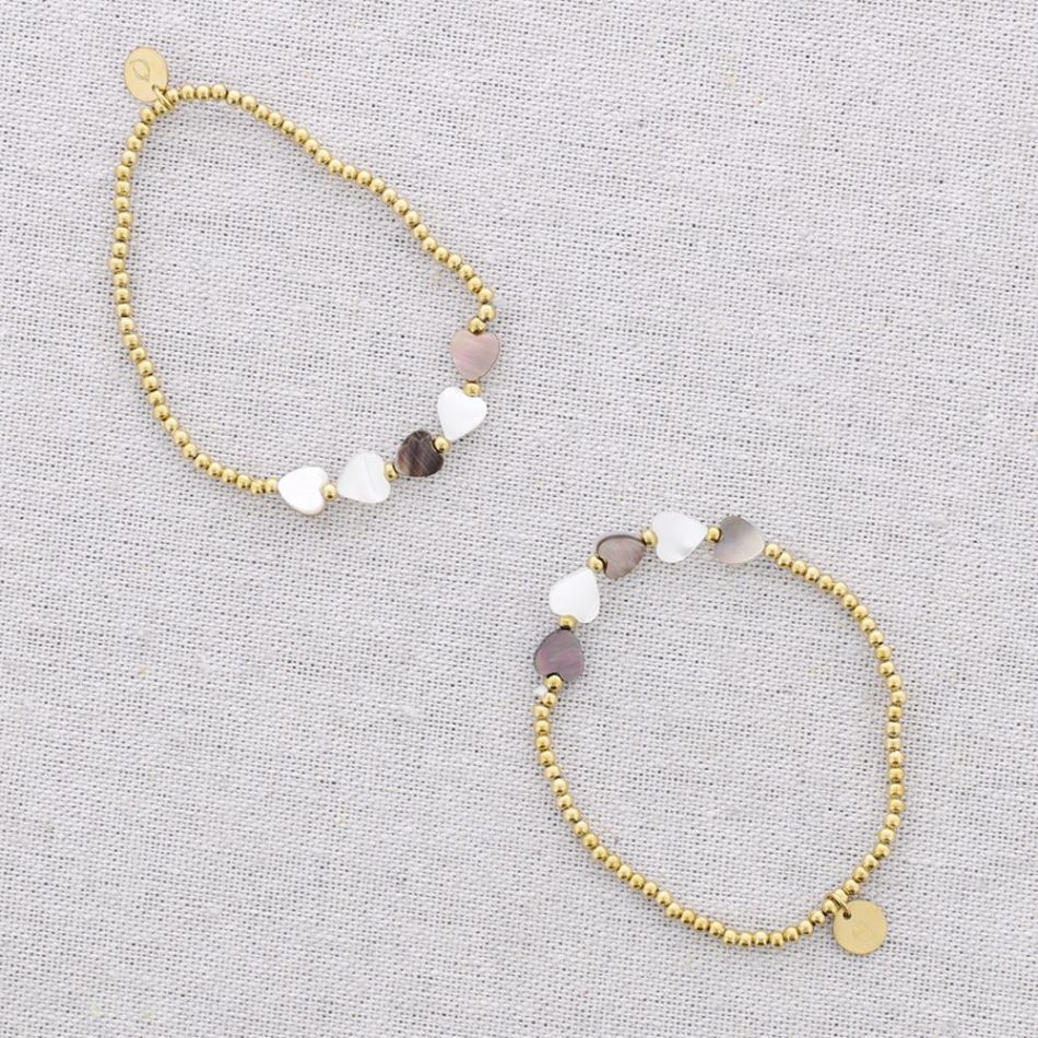 ELASTIC BRACELET STEEL BEADS HEARTS MOTHER OF PEARL
